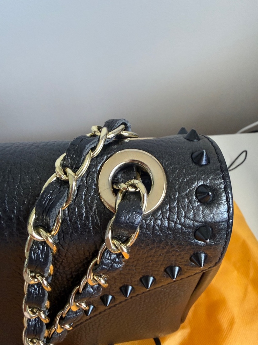 Valentino Black Pebbled Leather Stud-Trim Shoulder Bag with Gold Chain - Picture 5 of 13